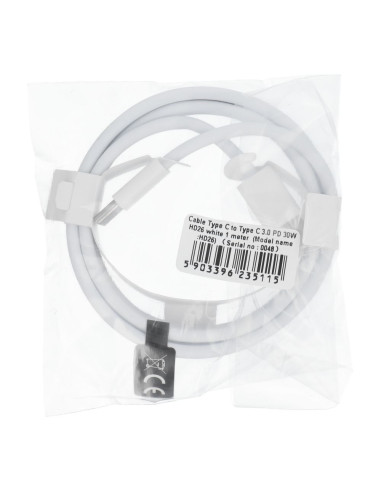 Câble Type C vers Type C 3.0 PD 30W HD26 blanc 1 mètre
