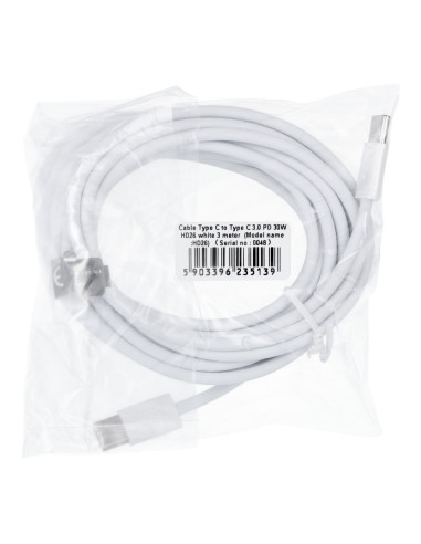 Câble Type C vers Type C 3.0 PD 30W HD26 blanc 3 mètres
