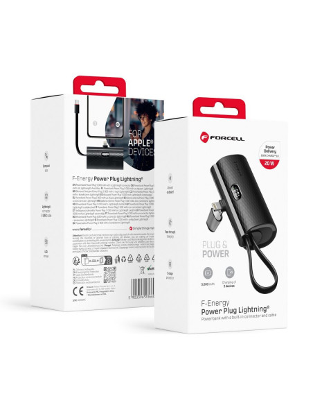 FORCELL F-ENERGY Power Plug F5K3 powerbank 5,000mAh avec connecteur intégré pour Lightning 8-PIN PD 20W noir