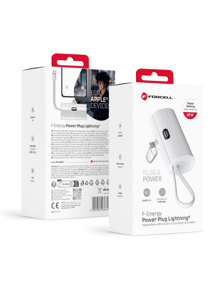 FORCELL F-ENERGY Power Plug F5K3 powerbank 5,000mAh avec connecteur intégré pour Lightning 8-PIN PD 20W blanc