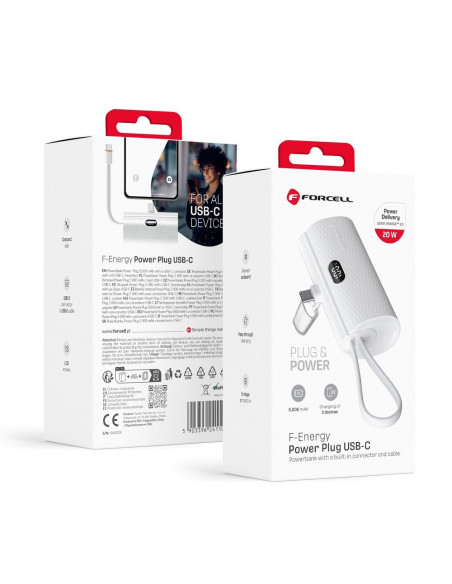 FORCELL F-ENERGY Power Plug F5K3 powerbank 5 000mAh avec connecteur Type C PD 20W intégré blanc