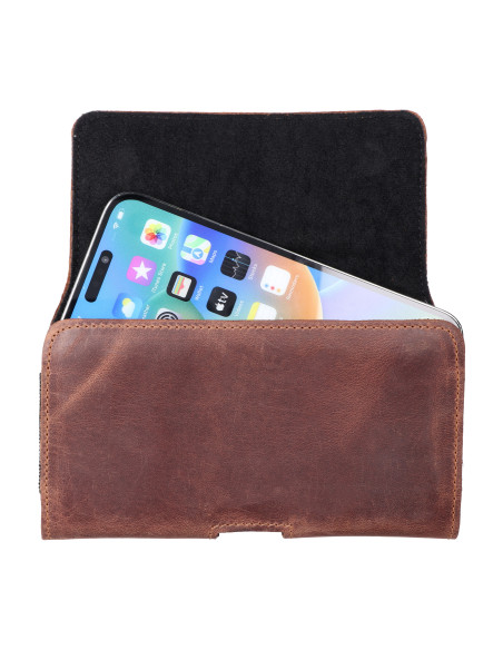 Etui universel en cuir pour ceinture horizontale - ROYAL Crazy Horse / marron - Taille M - pour IPHONE 12 MINI / 13 MINI / SAMSU