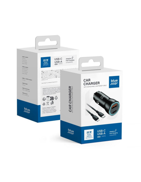 Chargeur de voiture Blue Star 25W (PD, QC 3.0, AFC, PPS) avec connecteur USB C et câble USB C vers Lightning 3A