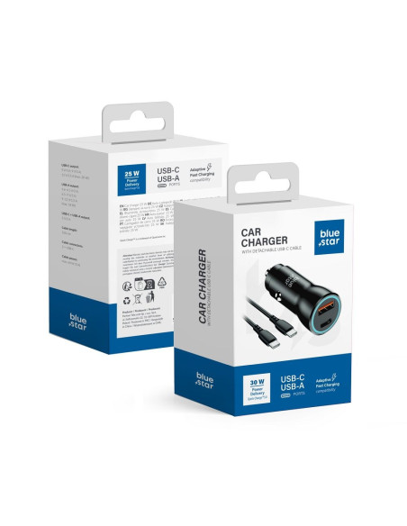 Chargeur de voiture Blue Star 30W (PD, QC 3.0, AFC, PPS) avec connecteur USB C et câble USB C-C 60W