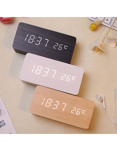 Horloge de bureau électronique avec station météo couleur bois NSD-5020