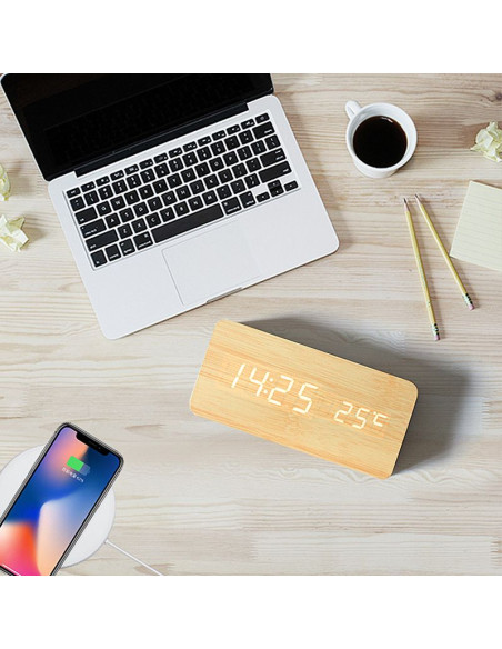Horloge de bureau électronique avec station météo couleur bois NSD-5020