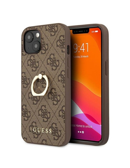 Véritable GUESS Case GUHCP13S4GMRBR pour iPhone 13 MINI marron + support d'anneau