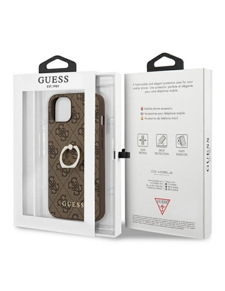 Véritable GUESS Case GUHCP13S4GMRBR pour iPhone 13 MINI marron + support d'anneau