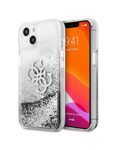Véritable GUESS Case GUHCP13SLG4GSI pour iPhone 13 MINI (Collection 4G Big Liquid Glitter / argent)
