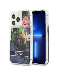 Véritable GUESS Case GUHCP13LLFLSB pour iPhone 13 PRO (Glitter Flower / blue)