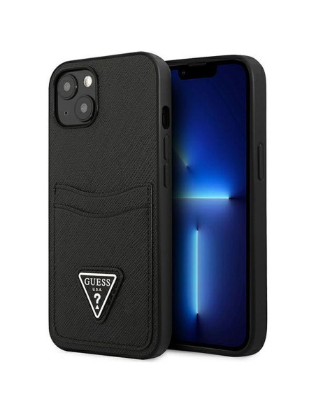 Véritable GUESS Case GUHCP13SPSATPK pour iPhone 13 MINI (Saffiano Double Card Triangle / noir)