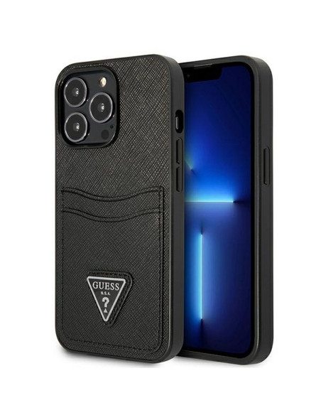 Véritable GUESS Case GUHCP13LPSATPK pour iPhone 13 PRO (Saffiano Double Card Triangle / Black)