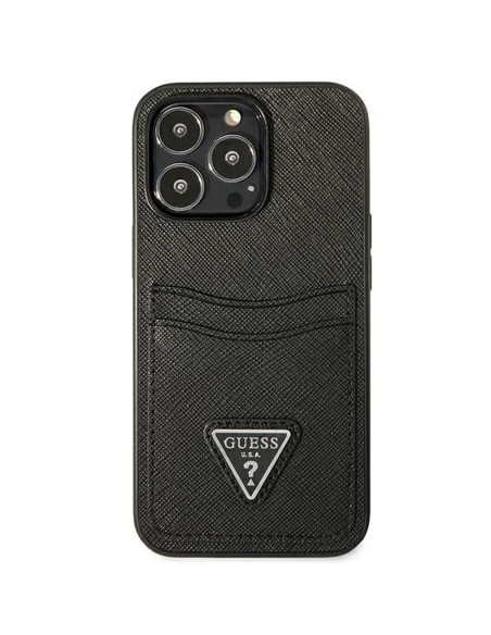 Véritable GUESS Case GUHCP13LPSATPK pour iPhone 13 PRO (Saffiano Double Card Triangle / Black)