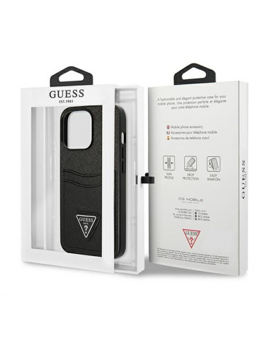 Véritable GUESS Case GUHCP13LPSATPK pour iPhone 13 PRO (Saffiano Double Card Triangle / Black)