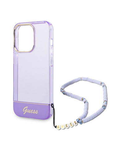 Véritable GUESS Case GUHCP14LHGCOHU pour iPhone 14 PRO (IML Electro Cam w. Strap Translucent / Purple)