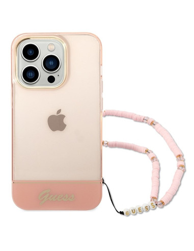 Véritable GUESS Case GUHCP14LHGCOHP pour iPhone 14 PRO (IML Electro Cam w. Strap Translucent / Pink)