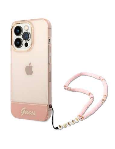 Véritable GUESS Case GUHCP14LHGCOHP pour iPhone 14 PRO (IML Electro Cam w. Strap Translucent / Pink)