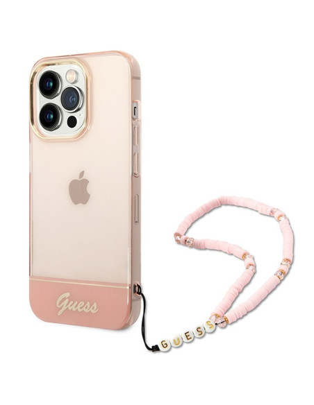 Véritable GUESS Case GUHCP14LHGCOHP pour iPhone 14 PRO (IML Electro Cam w. Strap Translucent / Pink)