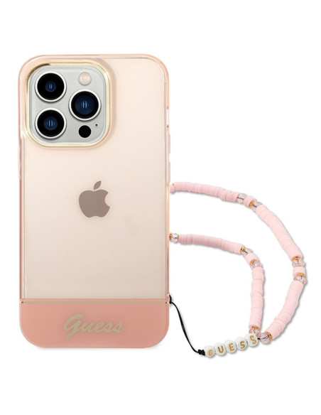 Véritable GUESS Case GUHCP14XHGCOHP pour iPhone 14 PRO MAX (IML Electro Cam w. Strap Translucent / Pink)