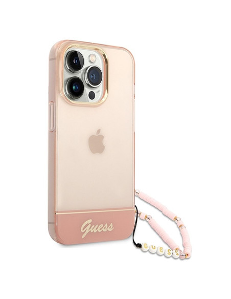 Véritable GUESS Case GUHCP14XHGCOHP pour iPhone 14 PRO MAX (IML Electro Cam w. Strap Translucent / Pink)