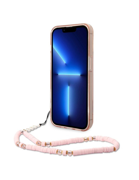 Véritable GUESS Case GUHCP14XHGCOHP pour iPhone 14 PRO MAX (IML Electro Cam w. Strap Translucent / Pink)