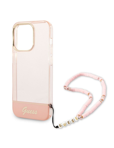 Véritable GUESS Case GUHCP14XHGCOHP pour iPhone 14 PRO MAX (IML Electro Cam w. Strap Translucent / Pink)