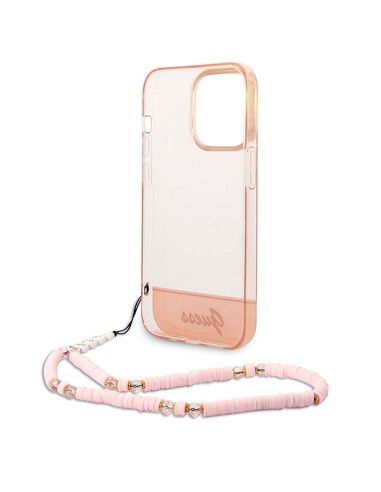 Véritable GUESS Case GUHCP14XHGCOHP pour iPhone 14 PRO MAX (IML Electro Cam w. Strap Translucent / Pink)