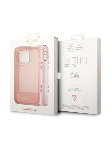 Véritable GUESS Case GUHCP14XHGCOHP pour iPhone 14 PRO MAX (IML Electro Cam w. Strap Translucent / Pink)