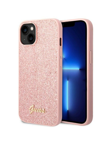 Véritable GUESS Case GUHCP14MHGGSHP pour iPhone 14 PLUS (Glitter Flakes Script Metal Logo / pink)