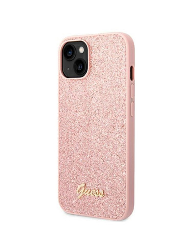 Véritable GUESS Case GUHCP14MHGGSHP pour iPhone 14 PLUS (Glitter Flakes Script Metal Logo / pink)