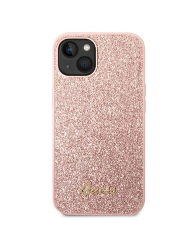 Véritable GUESS Case GUHCP14MHGGSHP pour iPhone 14 PLUS (Glitter Flakes Script Metal Logo / pink)