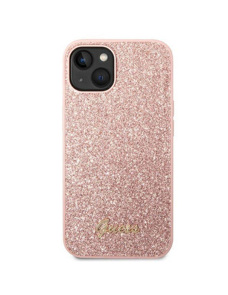 Véritable GUESS Case GUHCP14MHGGSHP pour iPhone 14 PLUS (Glitter Flakes Script Metal Logo / pink)
