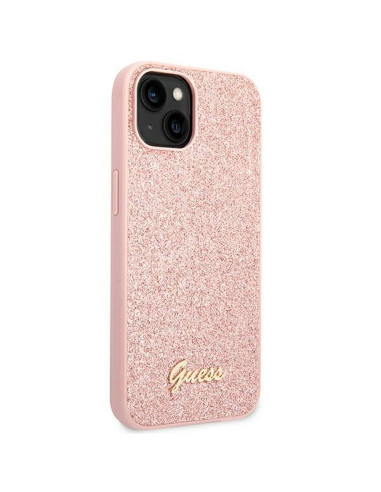 Véritable GUESS Case GUHCP14MHGGSHP pour iPhone 14 PLUS (Glitter Flakes Script Metal Logo / pink)