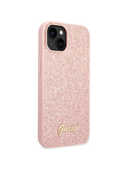 Véritable GUESS Case GUHCP14MHGGSHP pour iPhone 14 PLUS (Glitter Flakes Script Metal Logo / pink)