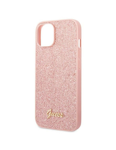 Véritable GUESS Case GUHCP14MHGGSHP pour iPhone 14 PLUS (Glitter Flakes Script Metal Logo / pink)