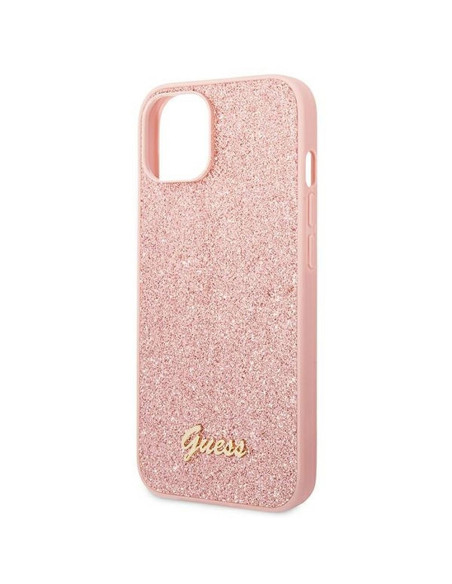 Véritable GUESS Case GUHCP14MHGGSHP pour iPhone 14 PLUS (Glitter Flakes Script Metal Logo / pink)
