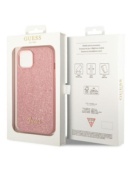 Véritable GUESS Case GUHCP14MHGGSHP pour iPhone 14 PLUS (Glitter Flakes Script Metal Logo / pink)