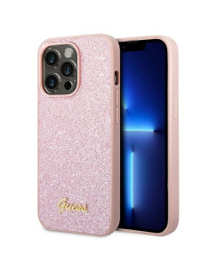 Véritable GUESS Case GUHCP14LHGGSHP pour iPhone 14 PRO (Glitter Flakes Script Metal Logo / Pink)