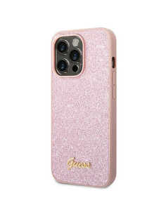 Véritable GUESS Case GUHCP14LHGGSHP pour iPhone 14 PRO (Glitter Flakes Script Metal Logo / Pink) 2