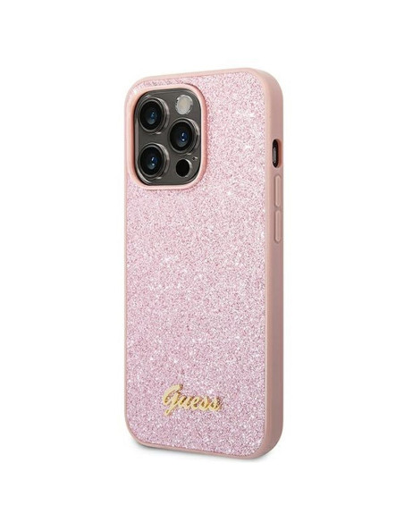 GUESS case for IPHONE 14 Pro Max GUHCP14XHGGSHP (Glitter Flakes Script Metal Logo) pink