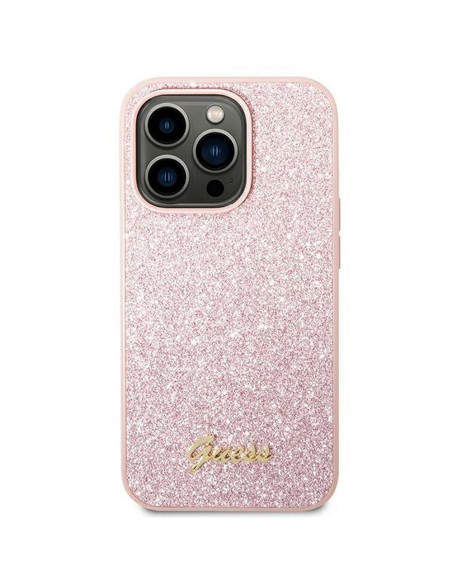 GUESS case for IPHONE 14 Pro Max GUHCP14XHGGSHP (Glitter Flakes Script Metal Logo) pink