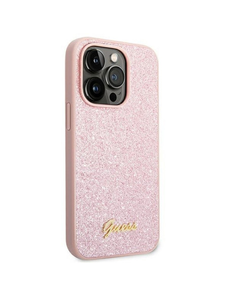 GUESS case for IPHONE 14 Pro Max GUHCP14XHGGSHP (Glitter Flakes Script Metal Logo) pink