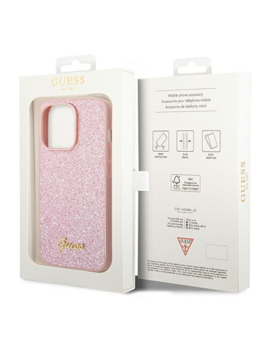 GUESS case for IPHONE 14 Pro Max GUHCP14XHGGSHP (Glitter Flakes Script Metal Logo) pink