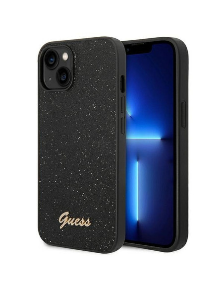 Véritable GUESS Case GUHCP14MHGGSHK pour iPhone 14 PLUS (Glitter Flakes Script Metal Logo / Black)