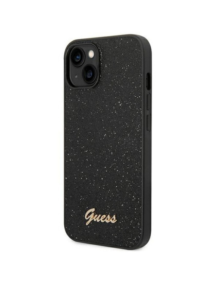 Véritable GUESS Case GUHCP14MHGGSHK pour iPhone 14 PLUS (Glitter Flakes Script Metal Logo / Black)