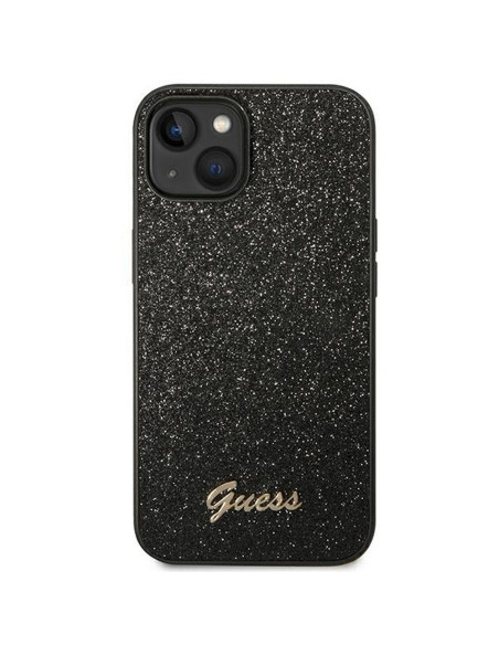 Véritable GUESS Case GUHCP14MHGGSHK pour iPhone 14 PLUS (Glitter Flakes Script Metal Logo / Black)