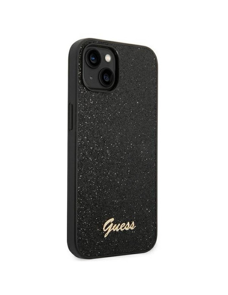Véritable GUESS Case GUHCP14MHGGSHK pour iPhone 14 PLUS (Glitter Flakes Script Metal Logo / Black)