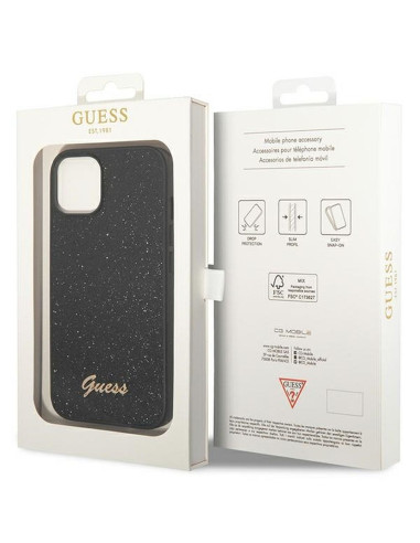 Véritable GUESS Case GUHCP14MHGGSHK pour iPhone 14 PLUS (Glitter Flakes Script Metal Logo / Black)