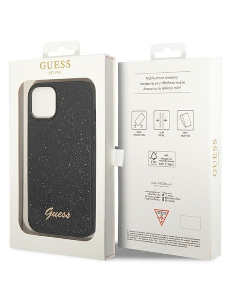 Véritable GUESS Case GUHCP14MHGGSHK pour iPhone 14 PLUS (Glitter Flakes Script Metal Logo / Black)
