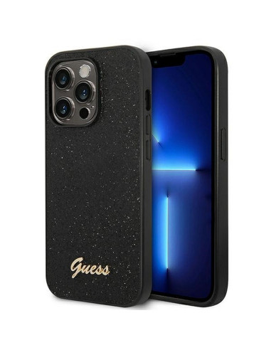 Véritable GUESS Case GUHCP14LHGGSHK pour iPhone 14 PRO (Glitter Flakes Script Metal Logo / Black)